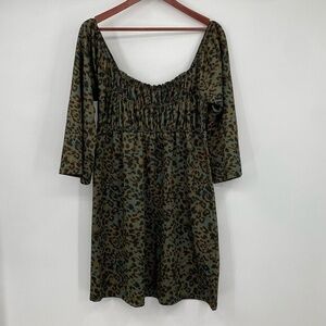 Uncle Frank Mini Dress Women Size Small Brown Green Animal Print Smocked Elastic